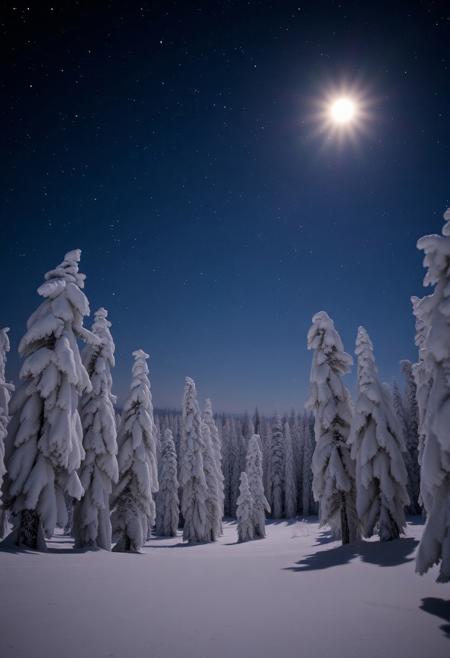 Majestic taiga covered with pristine snow, serene night landscape, countless bright stars twinkling in the clear sky, glowing full moon casting gentle light on the trees, atmospheric depth and tranquility