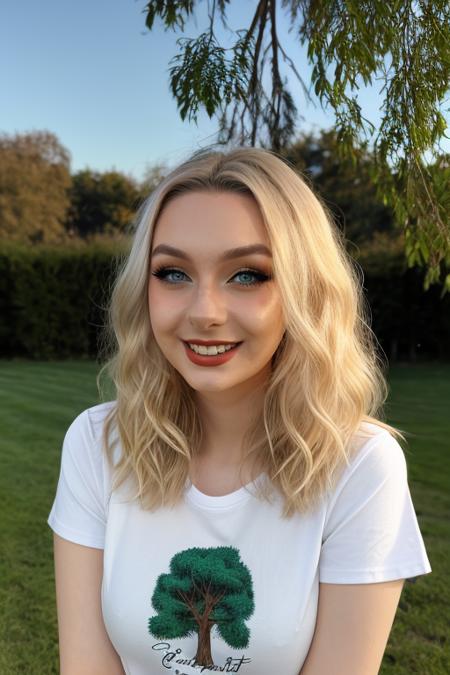 <lora:nesttvlorav1:1> nesttvlorav1, 1girl, realistic, looking at viewer, smile, long hair, blonde hair, red lipstick, teeth, perfect teeth, makeup, blue eyes, wearing a white t-shirt with a tree on it