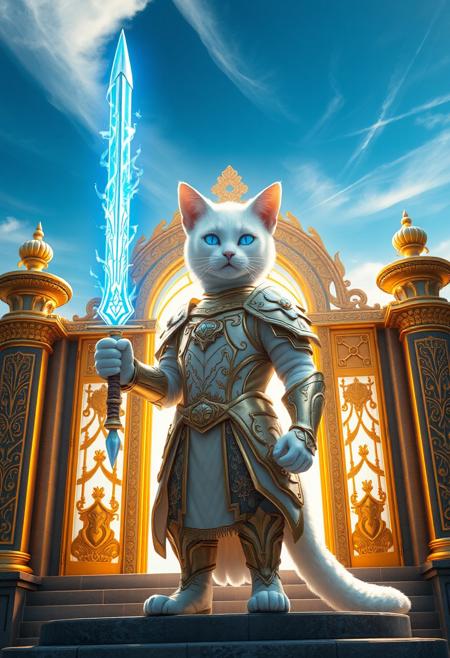 "Create a hyper-realistic image of a warrior cat in white light armor, standing guard at the golden gates of a holy sanctuary in the sky. The cat holds a magical sword with a glowing blue blade, enveloped in a holy flame. Bright blue flames also surround the cat's eyes, casting an ethereal glow. The armor and gates shimmer with intricate details, set against a brilliant blue sky with wispy clouds. The atmosphere is serene and magical, with a sense of wonder and awe." Octane render, Highest-Quality, 8 k, intricate details, visually stunning, Masterpiece