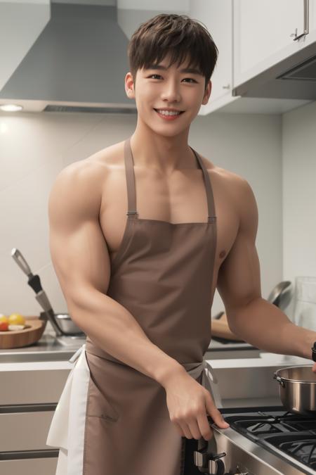 1boy, Short Spiky Hair, smile, teeth, watch, 
<lora:Max Huang:0.7:FACE>
(nude kitchen apron:1.2)
Muscular Frame,
looking at the viewer,
fish, steak,