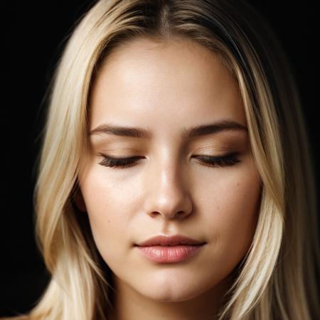 face closeup,closed eyes,blonde,dark theme, detailed skin, empty background