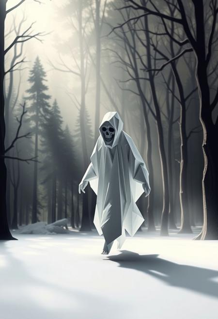 A ghost, sinister and sharply defined, walks a foggy forest in an intricate origami style, reminiscent of Guy Billout. Strong, hard light casts direct, harsh shadows on folded paper, highlighting geometric precision.