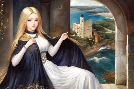 at historical castle; solo, waifu with blonde hair, blue eyes, white dress and black cape; exceptional, best aesthetic, new, newest, (anime), masterpiece, best quality, ultra detailed; correct anatomy, golden ratio, perspective; painting by John William Waterhouse