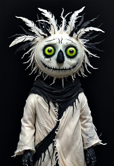 colorful, creepy drawing, simple illustration, childlike illustration. creepy, scary, wonderful creatures, World Morph Felt, 
A simple illustration of a humanoid figure wrapped in tattered white and black cloth, glowing white eyes, dark void-like face, layered ragged robes with feather-like textures, post-apocalyptic aesthetic, eerie and surreal, high detail, cinematic lighting, soft gradient background.
detailed,masterpiece,high quality, 8K Ultra HD, dark,creepy creature drawing,2d