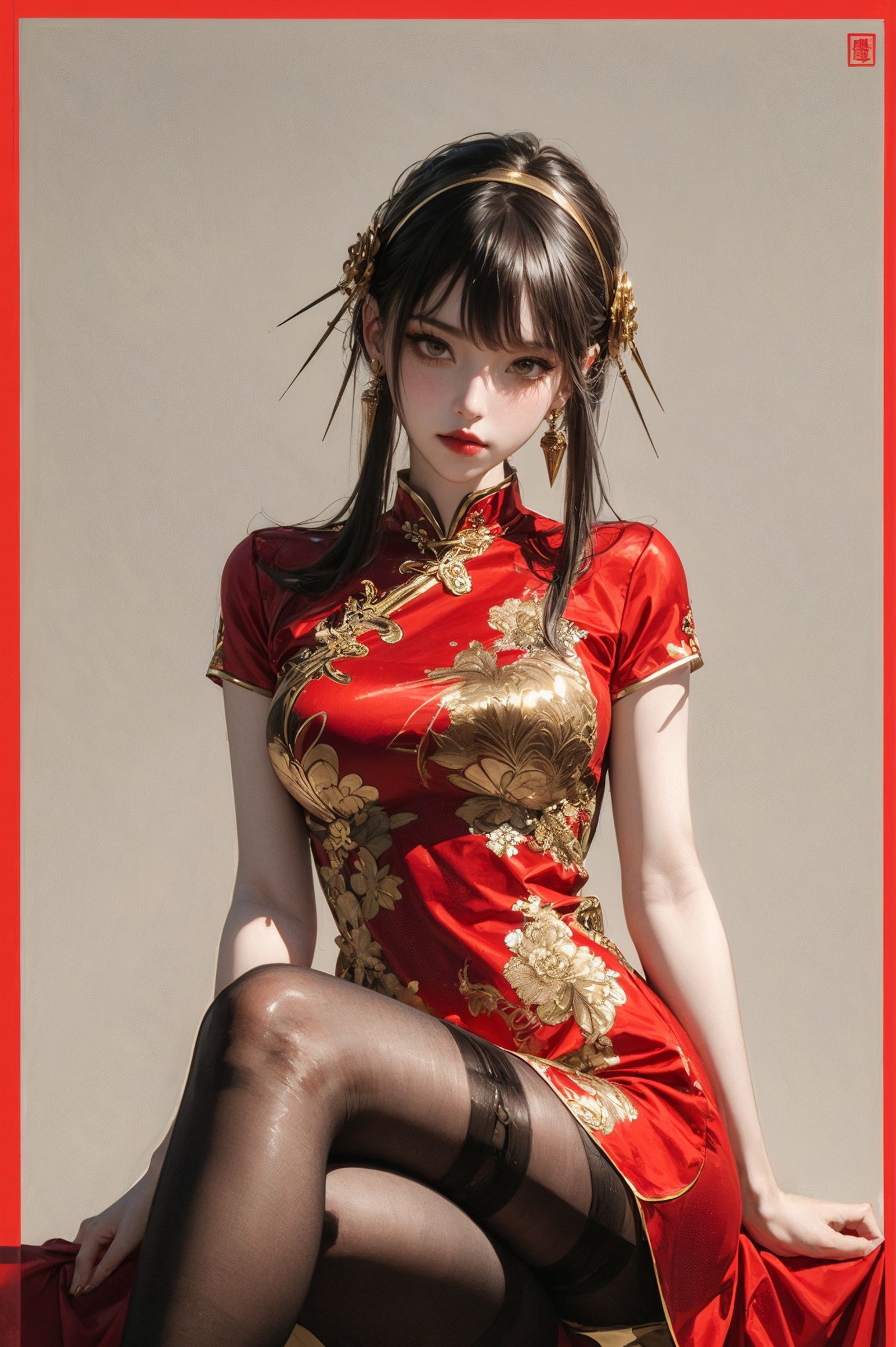 XUER Yor Forger,1girl,solo,pantyhose,dress,jewelry,crossed legs,earrings,red eyes,sidelocks,yor briar,sitting,chinese clot...