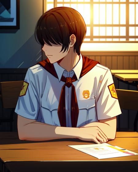 blpioneer, covered eyes, shadow on eyes, brown hair, white shirt, red badge on shirt, red bow-tied neckerchief, leather belt, blue shorts