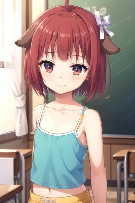 Suou ahoge,short hair,red hair,animal ears,dog ears,hair ribbon,white bow,blunt bangs,red eyes collarbone,blue camisole,striped camisole,midriff,flat chest,navel,yellow shorts,bare legs,barefoot