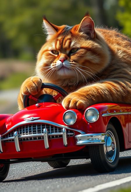 "A behemoth of a fat cat, its massive frame squeezed behind the wheel of a toy-like vehicle, its bright, fire-engine red paint job gleaming like a ruby in the sunlight. The car's miniature proportions seemed to be on the verge of collapse under the cats enormity, its delicate, chrome-plated bumper and grille threatening to buckle beneath the cats imposing bulk. As he grasped the steering wheel, his enormous paws engulfed the tiny circumference, his paws drumming out a staccato beat on the dashboard as he navigated the road with a look of absurd, delighted concentration, his face etched by a joyful smile." highest-Quality, intricate details, visually stunning, Masterpiece