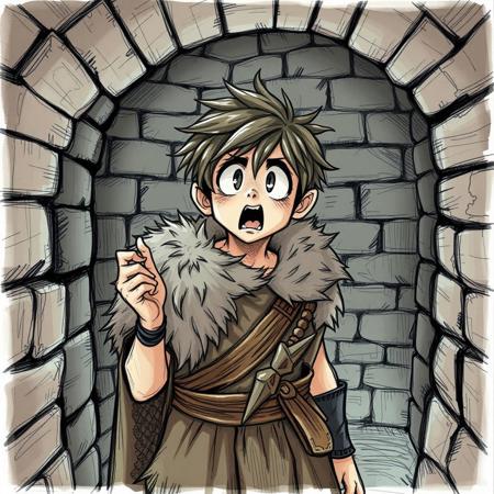 Male human young novice mage, shocked and confused, looking at viewer, in dungeon, brick walls, dressed in short fur rags, a bit crazy, quick sketch