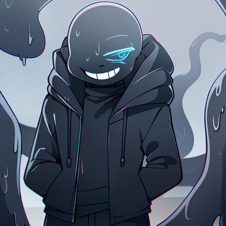 black skeleton, goopy skeleton, nightmare!sans, cyan eye, smiling, hands in pockets, black goopy jacket, black goopy shirt, black goopy shorts, tentacles, goopy covered eye, cyan outline