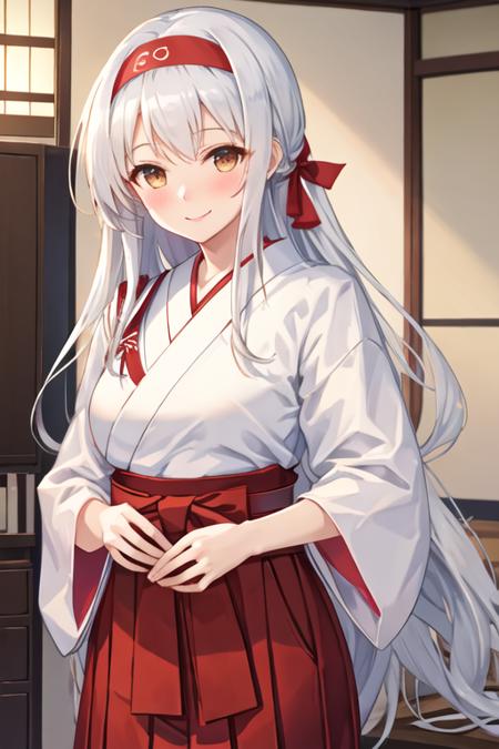 best quality, masterpiece, highres, solo, {shoukaku_kantaicollection:1.15}, long_hair, hairband, white_hair, brown_eyes, smile, headband, blush, muneate, 1girl, japanese_clothes, looking_at_viewer, hakama, hakama_skirt, red_hakama, red_headband, skirt, upper_body, hakama_short_skirt, tasuki