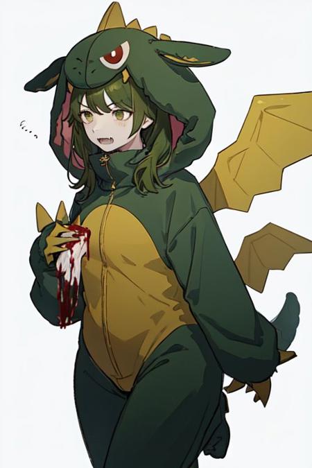 gaogaonichika, 1girl, solo, hood, bangs, green hair, fangs, animal costume, tail, wings,
looking to the side, solo, walking, blood, blood on weapon, simple background, two-tone background, white background
<lora:nichika-gao-v1.1b:1>