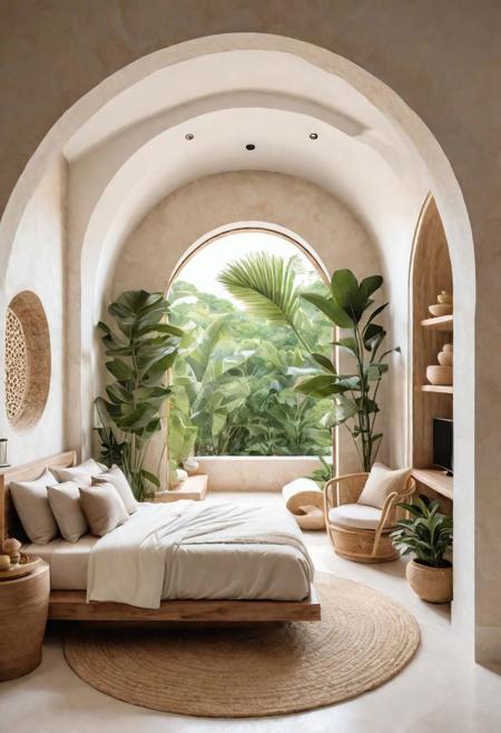 Ultra realistic  photo of Modern take on upscale bali inspired small condo white cream stone, light wwoodl round arches interor view of  bedroom withtropical foliage