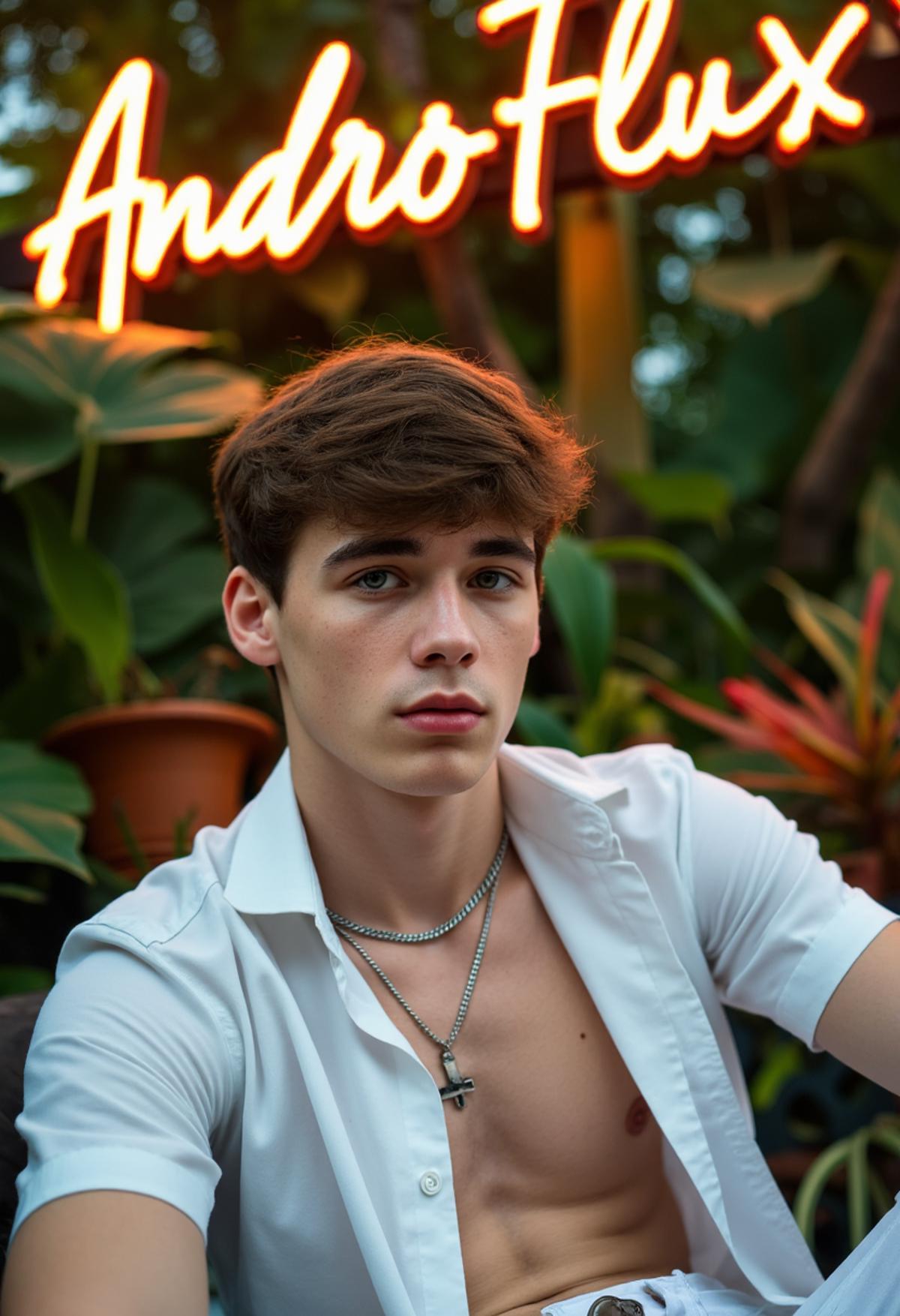 a photograph by Larry Clark of a man in his early twenties with fair skin and styled brown hair, sitting in a tropical oasis, he is wearing an open white shirt and pants, high resolution, he is wearing a necklace, epic floral photography, wearing a silver necklace with a cross, tropical and serene. There is a neon sign that says "AndroFlux" in the background