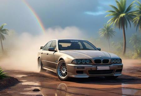 BMW e39 3, scratches, rainbow dust, fog, dirt, very beautiful, car on the island, by the fire, against the backdrop of a palm tree, the car is covered in mud and creaks, water on the ground, 3d rendering, cyberpunk, car with an American sports cars, street racing, perfect image, vibrations, game asset , symmetrical, tuner, modified car, wide body, tram, street racing, 4k, modding culture, photorealistic, high detail, game ready, other car racing, city life