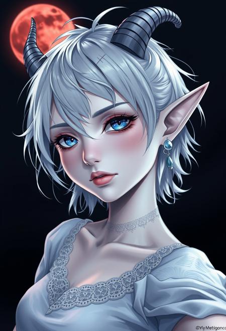 dynamic angle, dynamic view,portrait,
1girl, oni girl, elf ears, white skin, shiny skin, oni horn,h0rns,buzz cut, medium hair, messy hair, multiple earrings, face scar, shy nerd, freckles, detailed eyes, deep blue eyes, innocent pure face, medium breast, lace chocked, white blouse, blood moon back lighting, lewd eye contact,