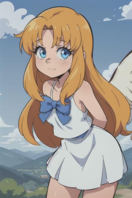 1girl, heaven, pearly gates, god rays, 80's anime style, <lora:filoTateNoYuusha_v10:0.5> filo, clouds, mist
upper body, filo, 1girl, solo, embarrassed, closed mouth, white wings, hite dress, blue bow, long hair, blue eyes, looking at viewer, parted bangs, bent over, arms behind back, <lora:filo2-05:0.9>