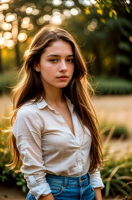 young pretty woman, long hair, looking at viewer, brown hair, shirt, brown eyes, jewelry, white shirt, earrings, pants, artist name, mole, blurry, lips, buttons, denim, sleeves rolled up, freckles, jeans, realistic, nose, photorealistic, hyperrealistic art, extremely high-resolution details, photographic, realism pushed to extreme, fine texture, incredibly lifelike, absurdres, masterpiece, 8k, high detail, intricate, best quality