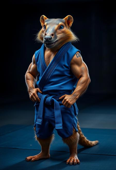 Hyperrealistic anthropomorphic mongoose wearing a blue Brazilian Jiu Jitsu gi. He is a strong and muscular athlete standing proudly with visible scars from past battles. He looks at the viewer with an aggressive snarl. The background is dark but mats can be seen on the ground. The lighting is dramatic in a dark and dingy gym. Sony A7R IV, 50mm f/1.4 lens, depth of field shallow, focus razor-sharp on the facial expression, diffused lighting, sense of awakening, ethereal glow, ultra fine, high-resolution image.