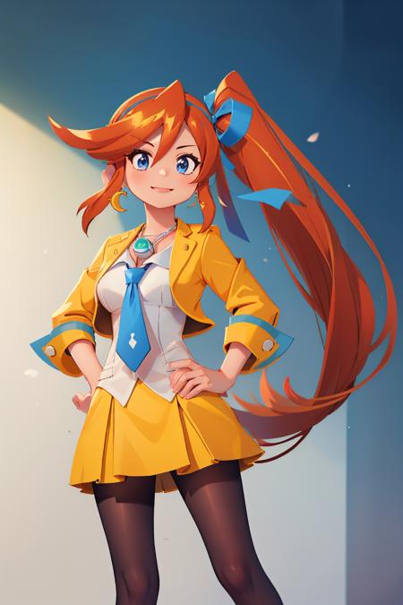 (masterpiece, best quality:1.2), solo, 1girl, athena cykes, smile, looking at viewer, hand on hip, side ponytail, hair ribbon, yellow jacket, blue necktie, single glove, yellow skirt, pantyhose, jewelry, necklace, crescent earrings <lora:aa_athenacykes_v11:1.0>