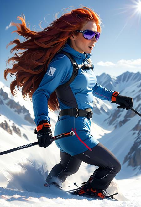 ##loose #hair #mountains #skier #snowy slope #sunlit landscape
Visual prologue:
Additional hint: A skier skiing down a mountain in Colorado, long red hair, without a helmet, blue and purple reflective sunglasses, full body view, clear sunny day, beautiful blue sky, Colorado Mountains in the background.
More about the "Willpower Shift": Skier,
A skier with loose hair, a skier whirling violently on a snowy slope of a ski resort and a skier with loose hair