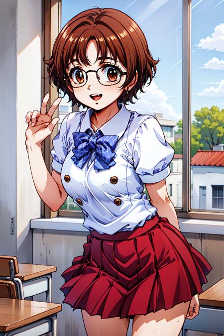 1girl, fuzisaki_mika, brown eyes, short hair, glasses, school uniform, short sleeves, pleated skirt, red skirt, <lora:fuzisaki_mika_lora_ver1:0.7>
cowboy shot, classroom, smile, open mouth, best quality, masterpiece, highres, <lora:GoodHands-vanilla:1>