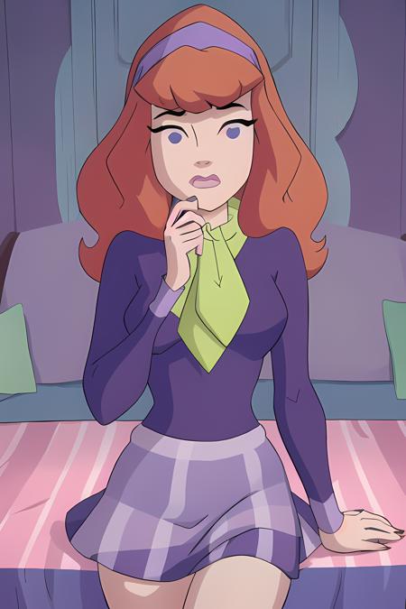 daphneblake, (8k, RAW photo, best quality, masterpiece:1.2), (intricate details), perfect eyes, perfect face, perfect lighting, beautiful, (masterpiece:1.2), (best quality:1.2), 1girl, cartoon style, solo, redhead, purple eyes, look at viewer, purple sweater, purple skirt, pink stockings, purple headband, green handkerchief, scary face, <lora:daphneblake-10:0.85>