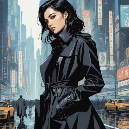 ((90s Anime style illustrattion)) drawing of a closeup on face of woman wearing a long black trench-coat,futuristic city in the background, akira, 2D,  naxsctt,  <lora:naoscott_juggerX_xl_1_wocap-naxsctt-000080:1>