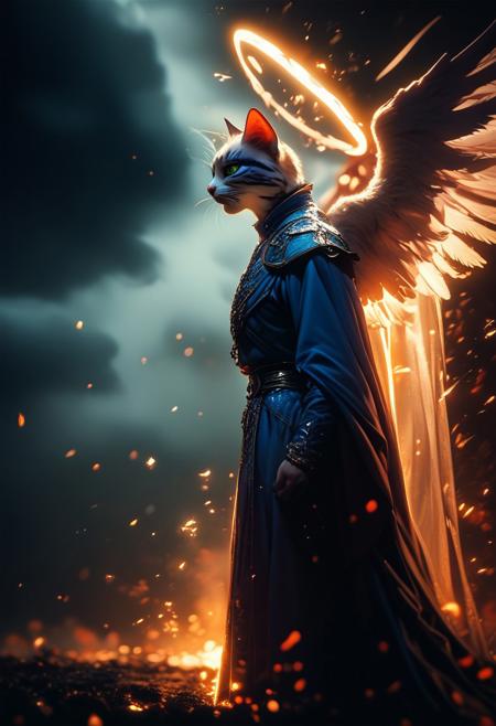 (score_9, score_8_up), score_7_up, (((cat))), clouds in the background, jewelry, necklace, armor, from side, glowing energy halo, cross, in the heaven, robe, blue and white theme, angel wings,
, 
depth of field, blurry background, black background, dark, CINE, embers, 
 <lora:unholy-000009:0.75>   <lora:CINE-000008:0.5>