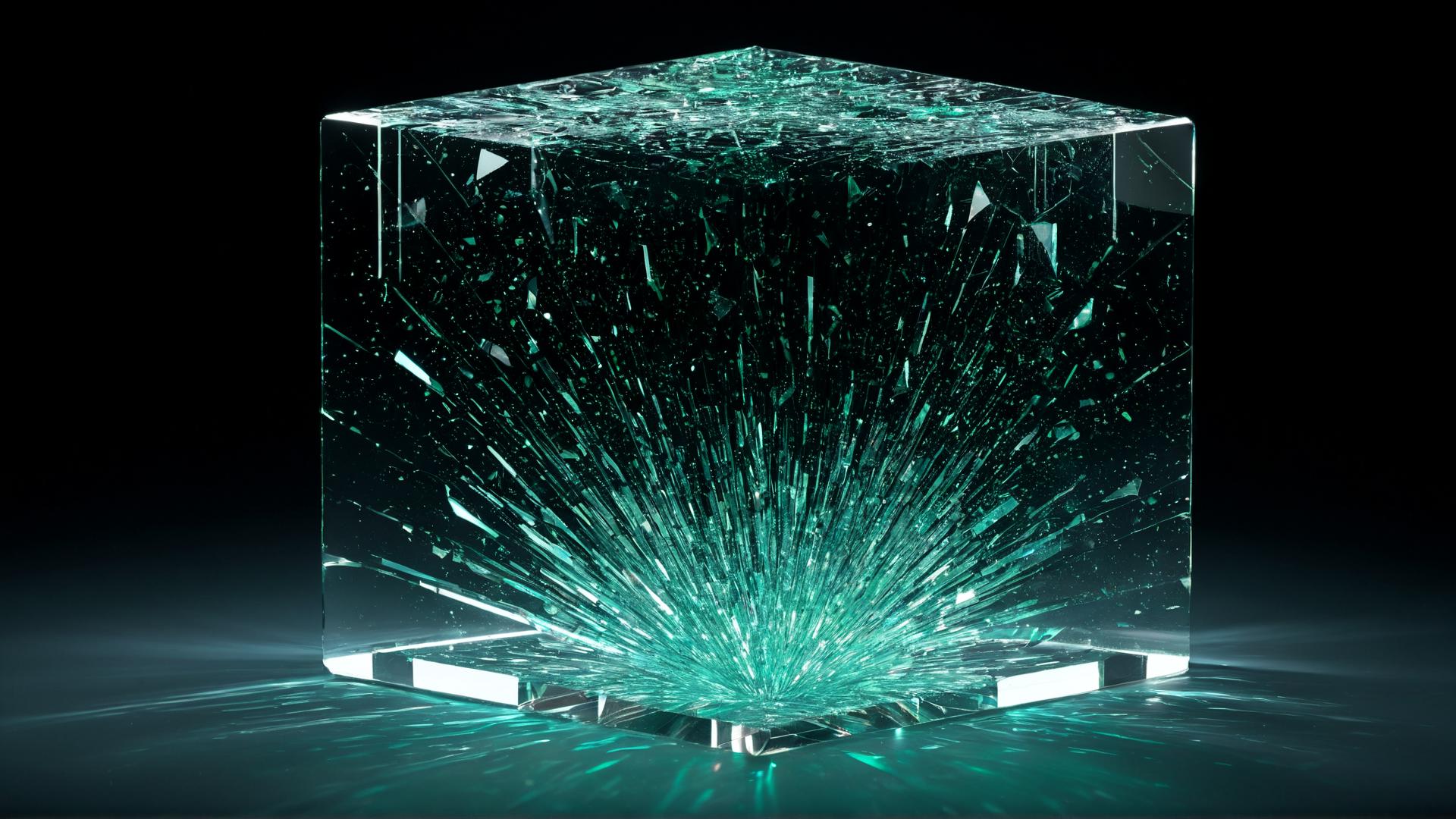 A shattered glass cube, with shards floating in mid-air. Each shard reflects soft blue and green light, casting tiny beams of light across the scene. The background is a deep black void, with subtle light beams cutting through., Photorealistic, Hyperrealistic, Hyperdetailed, analog style, soft lighting, subsurface scattering, realistic, heavy shadow, masterpiece, best quality, ultra realistic, 8k, golden ratio, Intricate, High Detail, film photography, soft focus