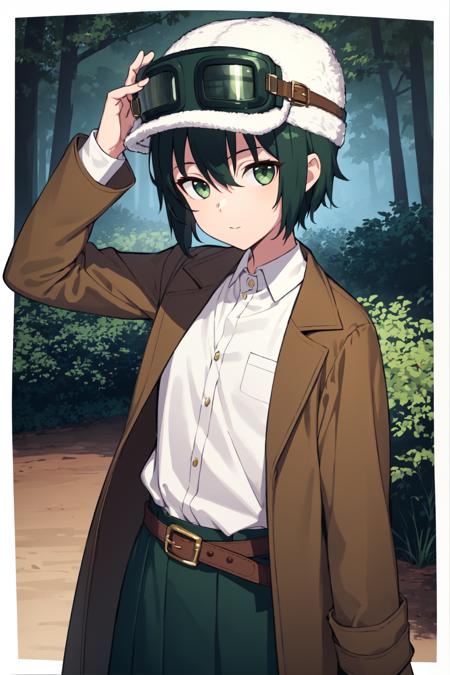 kino, 1girl, solo, looking at viewer, androgynous, tomboy, short hair,green eyes, bangs, shirt, black hair, hair between eyes, long sleeves, hat, holding,  closed mouth, jacket, white shirt, outdoors, belt, tree,  coat, brown jacket, fur hat, goggles on headwear, leather belt, goggles,