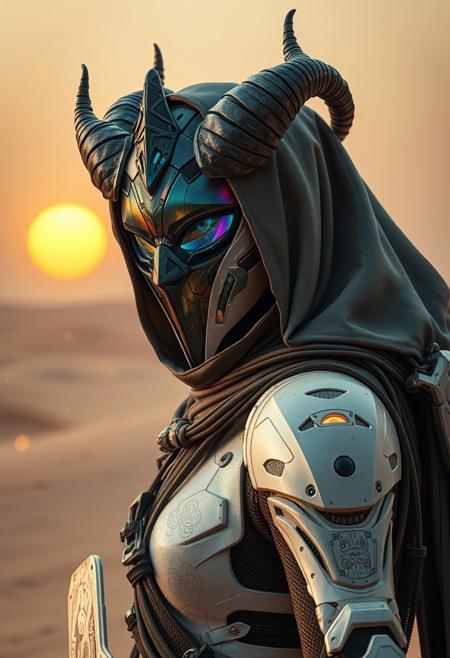A apoclypse surreal cyberpunk setting under a gritty bleaked beige and blue-turqoise misty desert sunset, a Closeup Portrait of an eerie horned hkgod sci-fi shinobi nun-scout with billowing octopus backpack in a sandstorm, their holographic crystalline mask glinting like shattered rainbows. Iridescent black amber teal energy veins pulse across their form. The atmosphere is thick with heat distortion, glowing particles floating in the air. dark atmospheric lighting, white cybernetic armor. Wielding a massive sss great sword with intricate translucent engravings, hknuns