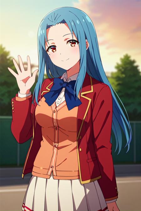 haruka hasebe, blue hair, long hair, brown eyes, school uniform, red jacket, upper body, white skirt, pleated skirt,