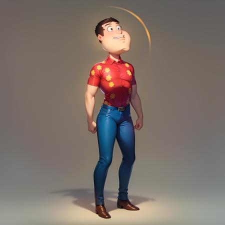 ((masterpiece, best quality)),(complex light), quagmire, solo, shirt, 1boy, male focus, standing, full body, short sleeves, collared shirt, red shirt, blue pants,<lora:TheGooder_Quagmire2-10:0.6>,brown shoes, simple background, black eyes,   big cleft chin,