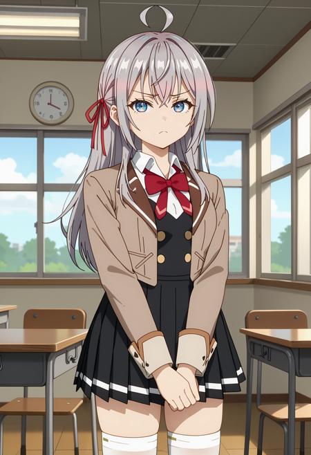 long hair, grey hair, ahoge, crossed bangs, blue eyes, hair ribbon, red ribbon AlyaSchool, cropped jacket, open jacket, brown jacket, red bowtie, white shirt, black vest, buttons, long sleeves, pleated skirt, black skirt, (white thighhighs:1.2) AlyaCasual, cropped jacket, yellow jacket, turtleneck, white sweater, pendant, sleeves rolled up, high-waist skirt, waist bow, green bow, green skirt bow bra, white bra, bow panties, white panties, medium breasts