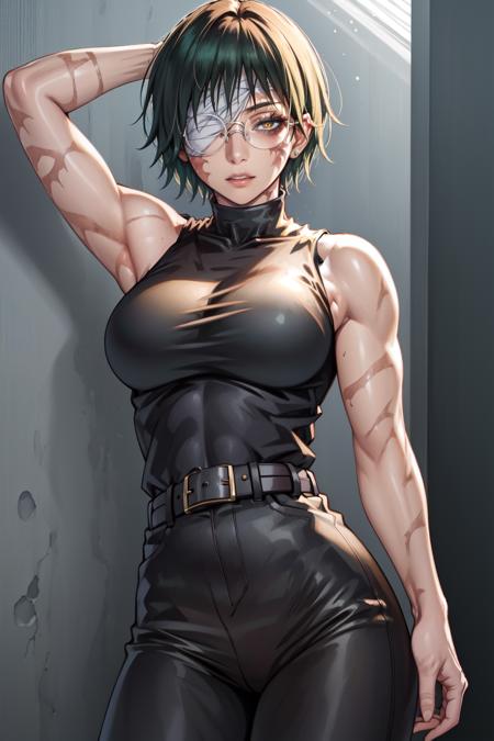 MakiShS1, solo, scar, short hair, 1girl, scar on face, looking at viewer, glasses, burn scar, green hair, sleeveless, belt, pants, bangs, cowboy shot, shirt, muscular, bandages, round eyewear, bandage over one eye, breasts, bare shoulders, closed mouth, muscular female, turtleneck, yellow eyes, black pants, black shirt, scar on arm, parted lips, (black clothes:1.2), sleeveless shirt, large breasts, high-waist pants,   <lora:MakiShS1:0.8>
BREAK
masterpiece, best quality, highly detailed background, perfect lightingbest quality, ((shiny skin, glossy skin, detailed skin))