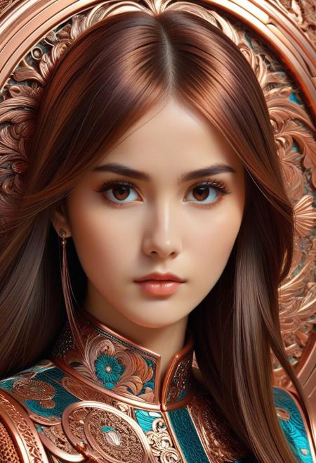 CopperCopper theme, intricate details, ultra sharp, exquisite detail, flawless composition, vivid colors, masterpiece, Super model, portrait, stoic, expressionless, beautiful, photorealistic, UHD, 8K, masterpiece, detailed, ultra_high_resolution, lots of detail, YurYuna, brown hair, modest, sfw, gorgeous, looks beautiful and aesthetic, colorful background, key visual, luxurious, artistic, high resolution, digital art, visual aesthetics, contemporary design, vibrant colors, artistic composition,  elegant, intricate detailing, modern,