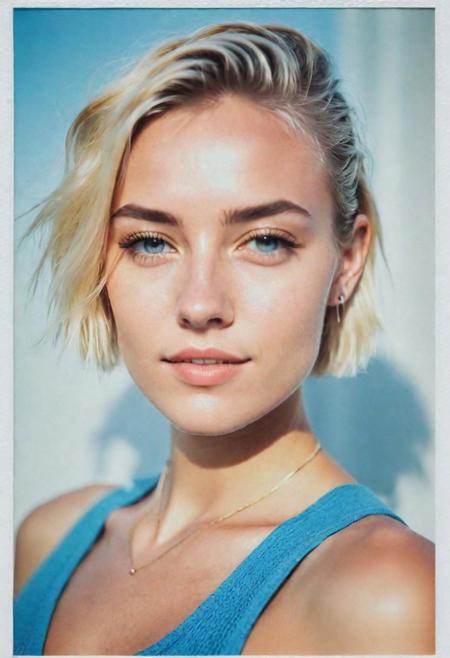 polaroid photograph Color i-Type Film, portrait, 1 girl, blonde, short hair with small braids, perfect eyes, pointed jaw, sky blue cropped tank top, white wall in the background, natural light.
