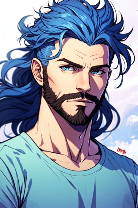 masterpiece, best quality, 1boy, male focus, solo, facial hair, beard, blue hair, blue eyes, looking at viewer, realistic, long hair, closed mouth, mustache, shirt, portrait, upper body, wild hair, fluffy hair, wind swept hair,