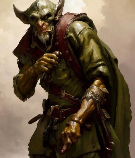 a diminutive olive-green-skin goblin emerging from the shadows of a long cave, wiry arms and taloned hands, short monster is scrawny, chiaroscuro, very detailed and highly textured goblin wearing a metal cap and brown leather tunic, black eyes, monster portrait, painting by laxpeint, goblin monster portrait