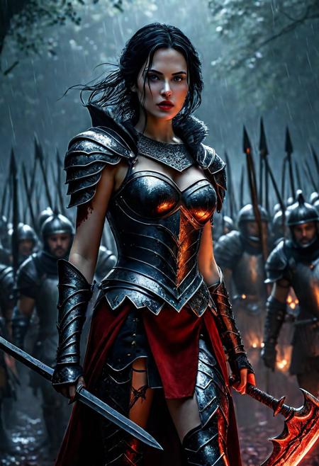 Ultra detailed digital art masterpiece Warrior Snow White girl dressed in a iron Armor and red mini skirt, Standing on a battlefield at the head of an army of knights, where a bloody slaughter is taking place, standing in battle pose, a dark epic fantasy, perfect lighting, beautiful Brett Cooper as Warrior Snow White girl, attractive woman, elegant, beautiful woman of athletic body,  epic shot of the whole Warrior Snow White girl, unreal engine 5 nanite quality, dark fantasy, dark environment, very stormy day, LOTR style, dark washed out eyeliner, no make up, natural bloody pale face, realistic blue eyes, ultra detailed atmospheric details, beautiful glowing effects, sparkle effects, realistic body proportions, beautiful face proportions, complex masterpiece, wavy raven black hair, creative glowing detailed tattoos, complex physics, enhanced colors, complimentary colors, ultra detailed raytracing reflections, Ultra detailed complex background, environment feels alive, direct eye contact, dramatic lighting, wet and sweaty skin, beautiful firm Breasts, Daylight, Concept art by Greg Rutkowski, adding to the intense and dynamic atmosphere of the scene.