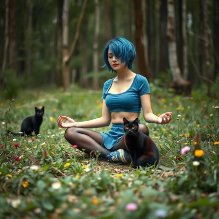 high quality, 8K Ultra HD. a woman with short unruly blue hair sits with her legs crossed in a woodland clearing, she is wearing a blue crop top, a short blue mini skirt, black stockings , blue sneakers. She is in the lotus position, around her wild flowers grow, A black cat watches her. long shot, deep focus, eye level view