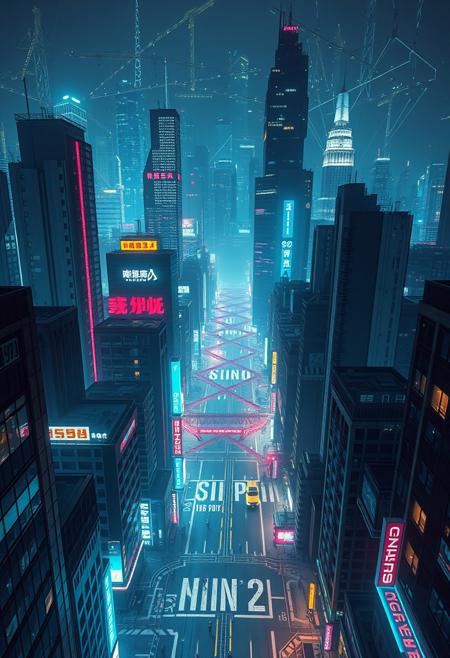 Gravity has disappeared in the cyberpunk night city and everything starts to rise into the air, a bird's-eye view,