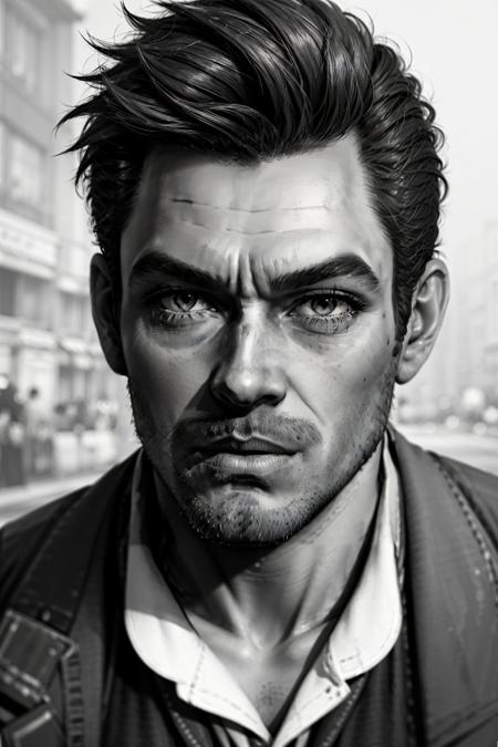 (masterpiece, best quality:1.2),   <lora:booker_dewitt-20:0.6>, bookerBS_soul3142, 1boy, monochrome, greyscale, facial hair, realistic, stubble