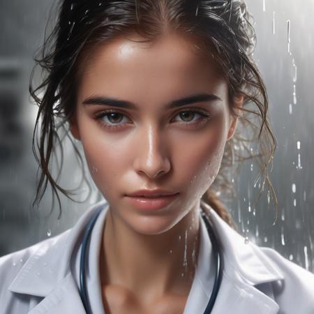 nessa a candid photo woman in a labcoat, with wet hair, highly detailed, dramatic light, digital art, painted by seb mckinnon, painted by greg rutkowski, trending on artstation