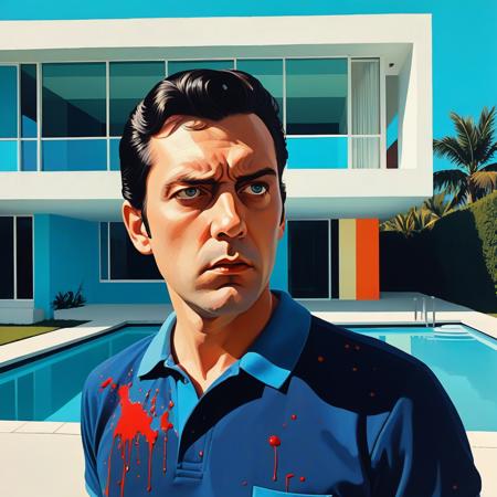 clean-cut Miami blood spatter analyst in a polo shirt, perfectly groomed dark hair, standing and looking directly at viewer with intense Kubrick stare, head tilted slightly down while eyes look up, unsettling fixed gaze, pleasant facade with menacing undertones,, vibrant acrylic painting style, bold flat colors, clean geometric compositions, bright California sunlight, crisp shadows, modernist architecture, swimming pool blue tones, perfectly manicured landscapes, mid-century modern aesthetic, saturated color palette, smooth gradients, minimal detail work, contemporary pop art influence, architectural precision, optimistic 1960s atmosphere,