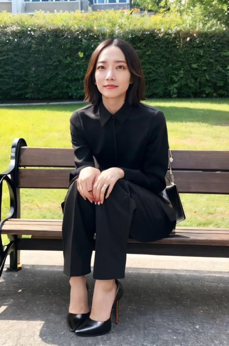 (sidelighting, photorealistic, finely detailed beautiful eyes: 1.2), portrait, realistic, 3d face, lustrous skin, (masterpiece, best quality, beautiful quality, looking at viewer, detailed lighting, shadows, 8k:1.4), (a picture of a woman, solo, detailed background, outdoors, park, sitting, bench, 1girl, high heels, hot pants:1.4), <lora:Ayano Omoto:0.8>, Ayano Omoto,