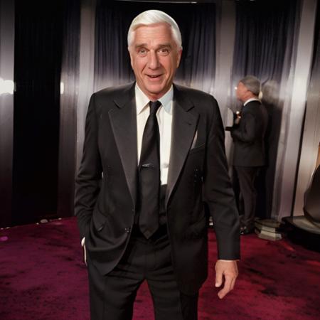 a man in a black suit at the oscars, full body <lora:LeslieNielsenLora:0.8> 1man, white hair, old man,