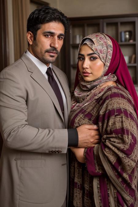 high quality, 2characters, 2peoples, straight couple, couple, Afghan, traditional clothes, happiness, brown eyes, 1male, DILF, rough looking, manly face, strong facial features, full beard, thick hair, hairy chest, hairy body, 1female, huge tits, big boobs, curvy body, big Cleavage, wide hips, thick hips, hijab