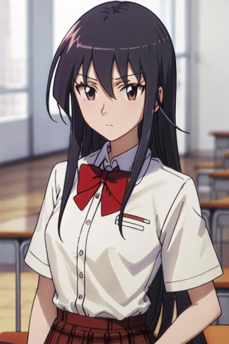 best quality, masterpiece, highres, solo, {amakusa_shino_seitokaiyakuindomo:1.15}, long_hair, black_hair, brown_eyes, bow, 1girl, hair_between_eyes, school_uniform, shirt, upper_body, white_shirt, dress_shirt, expressionless, bowtie, looking_at_viewer, red_bow, anime_coloring, collared_shirt, closed_mouth, red_bowtie